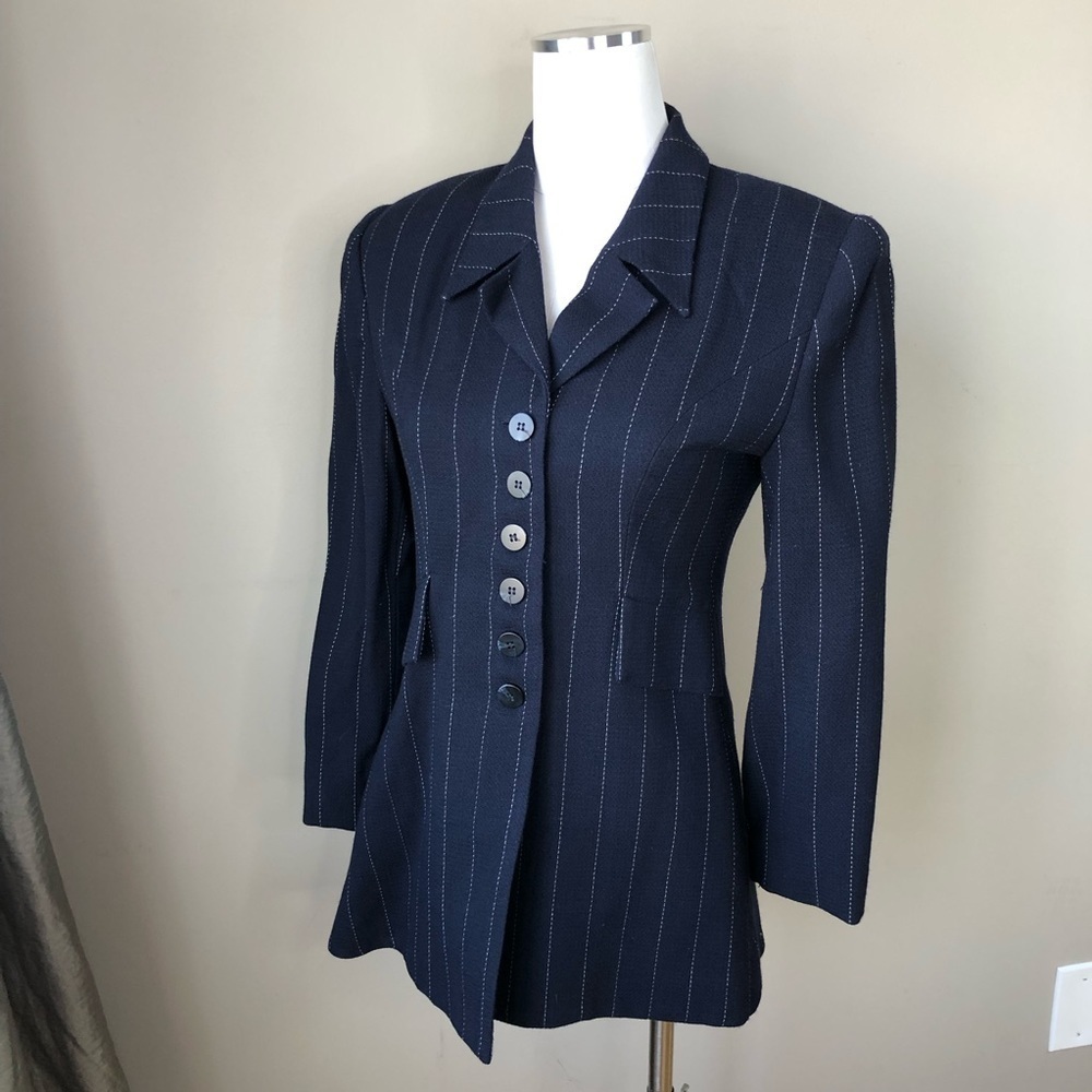 Vintage Navy blue & White Pinstripe Long Hourglass Padded Shoulder Blazer S